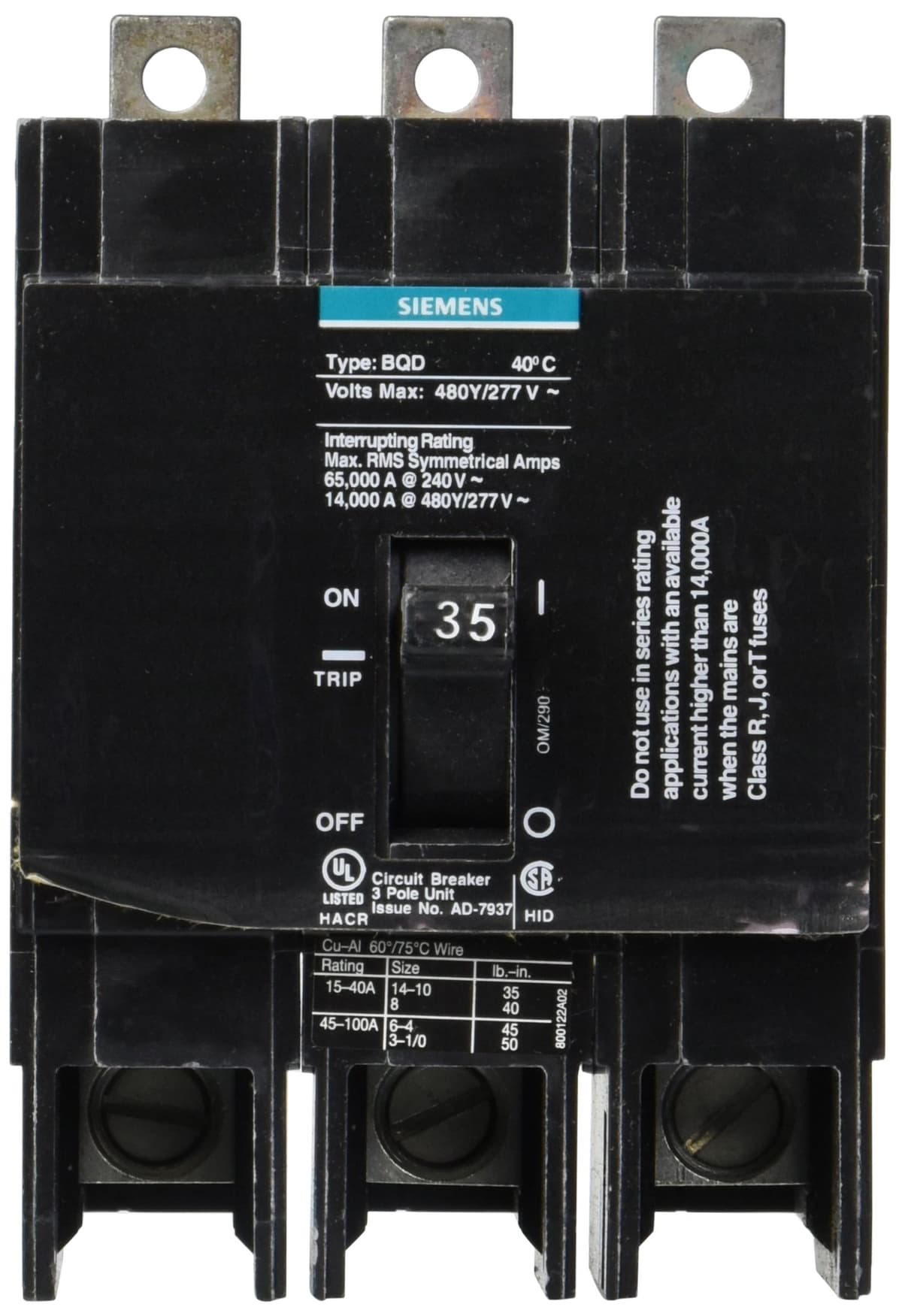 Siemens BQD335 35-Amp 3P 480Y/277V 14KAIC Breaker Removible