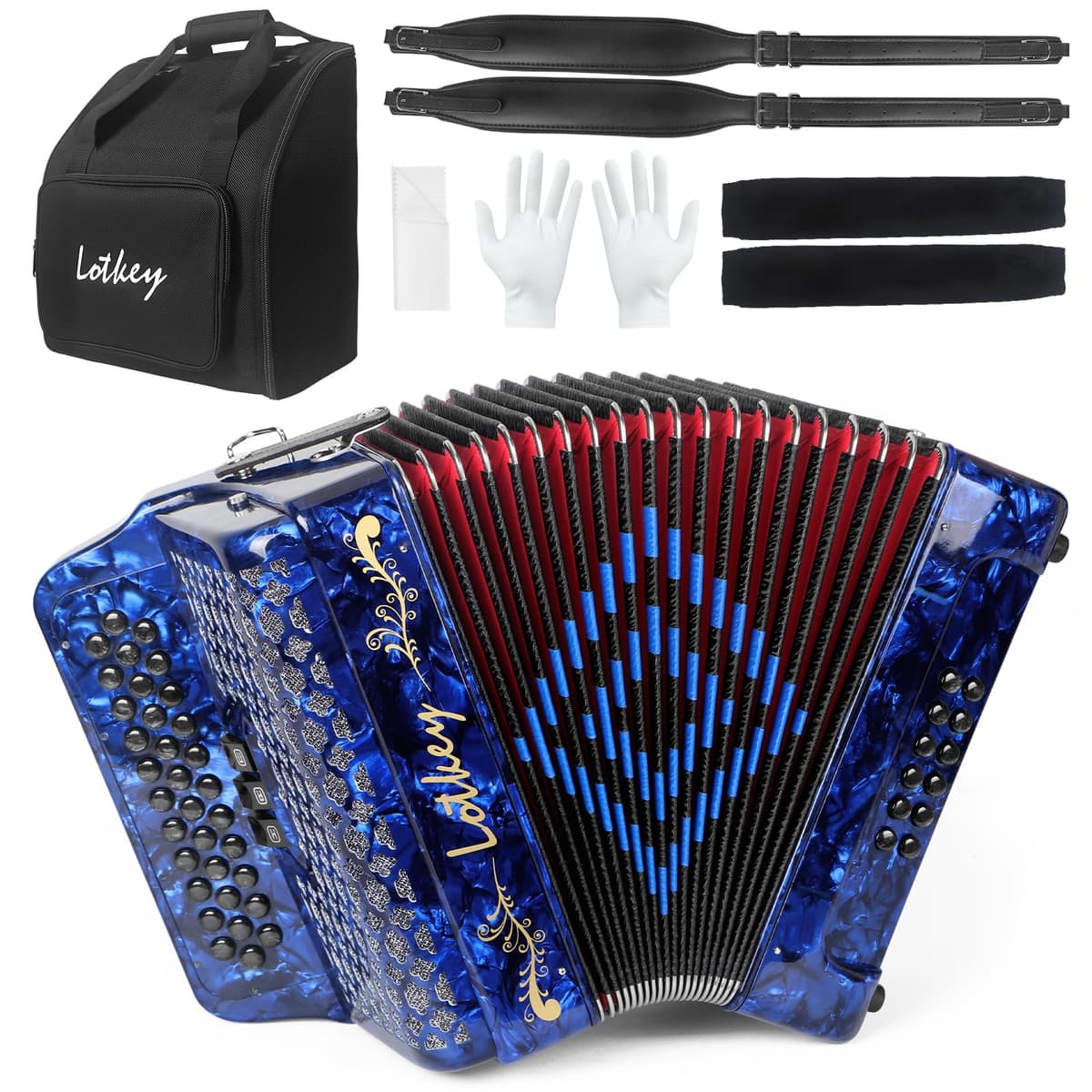Acordeón diatónico Lotkey 34 teclas 12 bajos con funda y accesorios (GCF Blue) MI84ACCORDION
