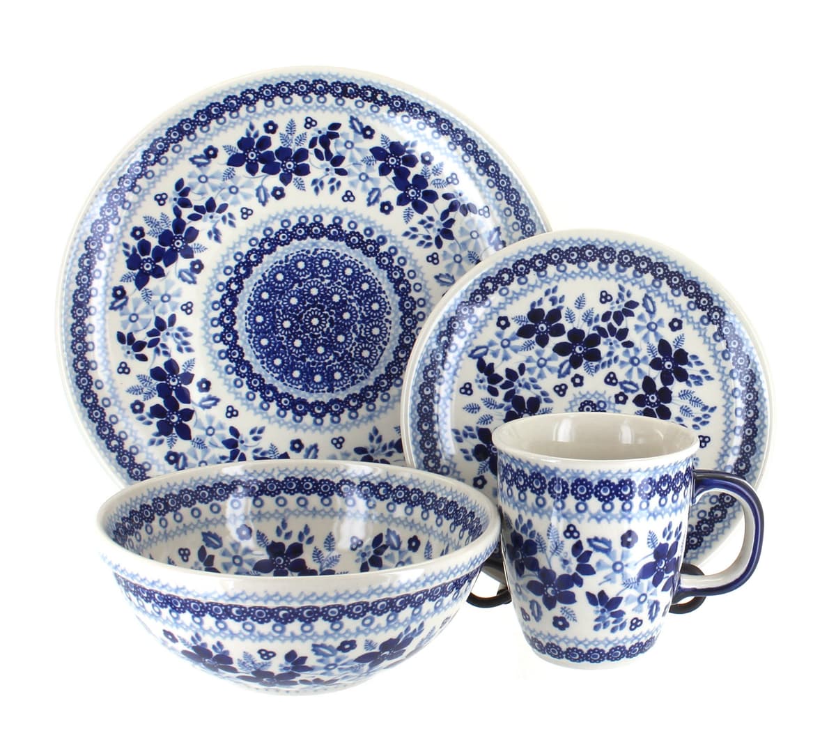 Blue Rose Polish Pottery Juego de Vajilla Vintage Blue Daisy 16 Piezas (4 servicios) 1000-SB01-4