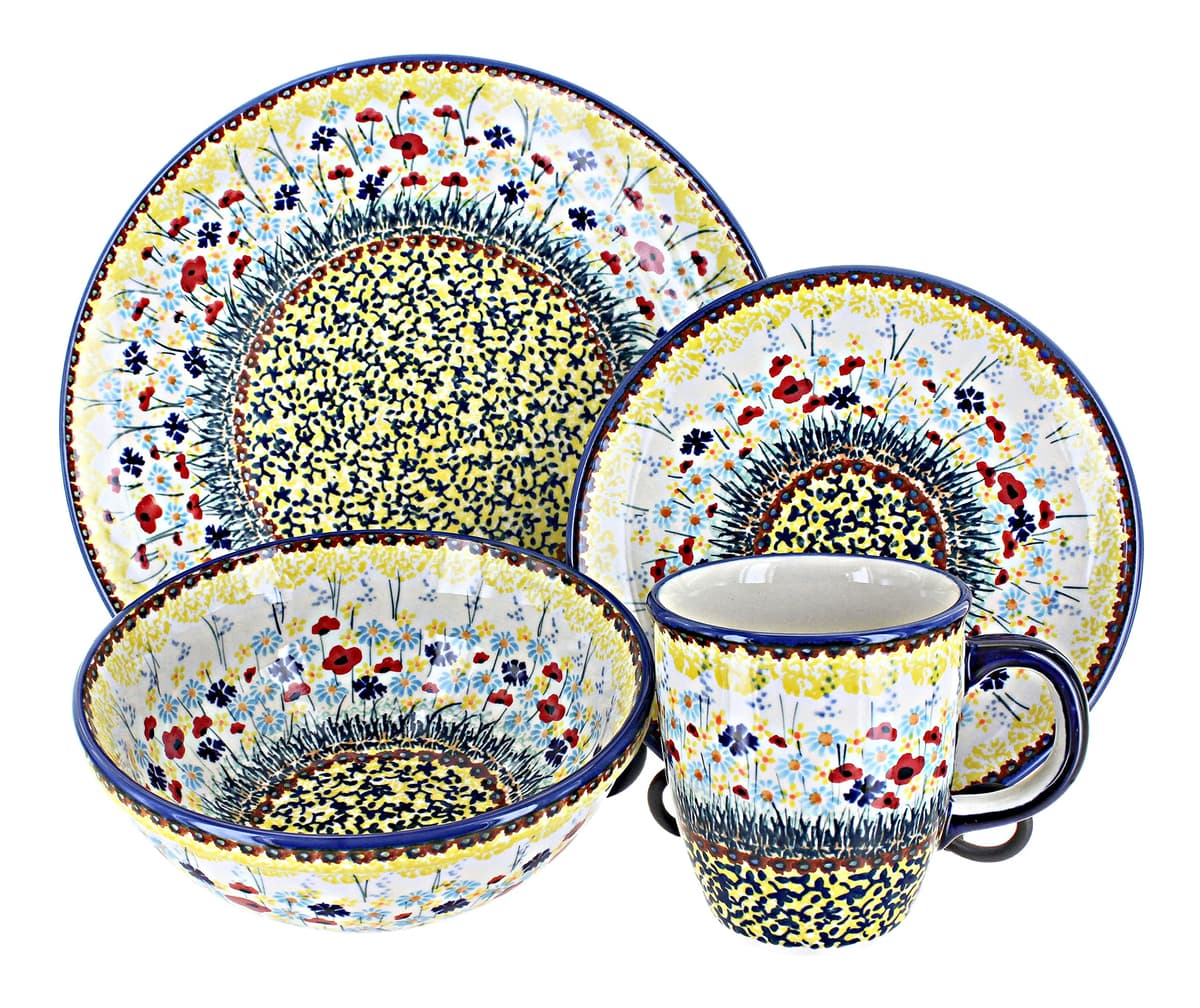 Blue Rose Polish Pottery Yellow Prairie Garden - Set de 16 Piezas (4 Servicios) 1000-WK77-4