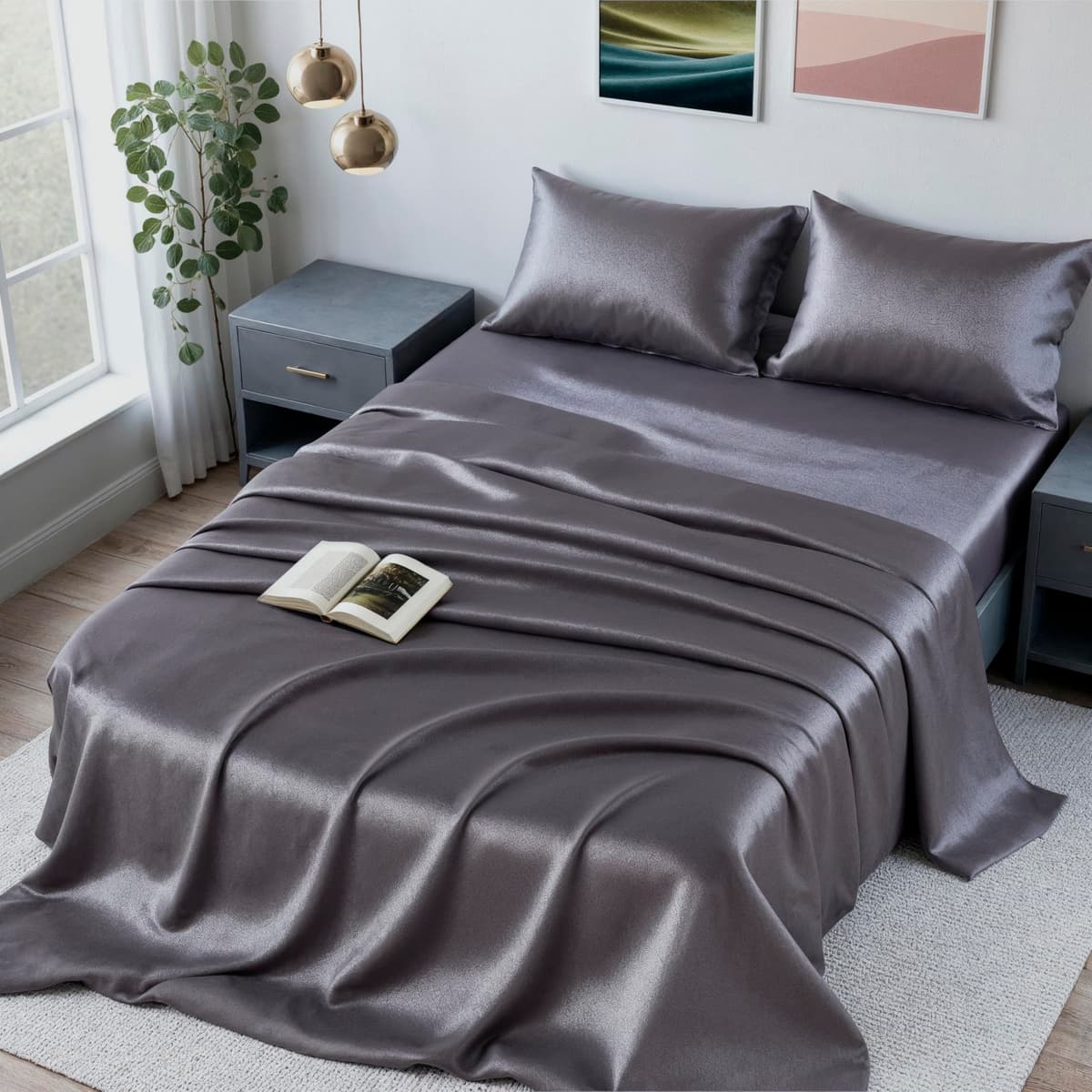 Colorado Home Co Mulberry Silk 4PC Queen Sábana Set - Sunday Silks [Charcoal Essence]
