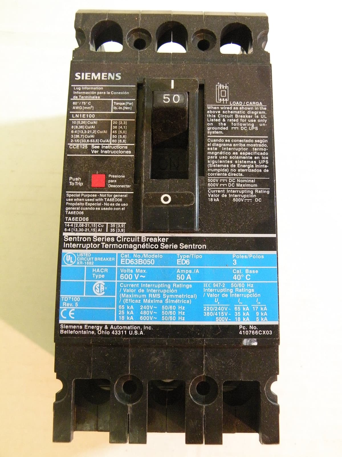 Siemens ED63B050 - 50 AMP 3 Polo 600V