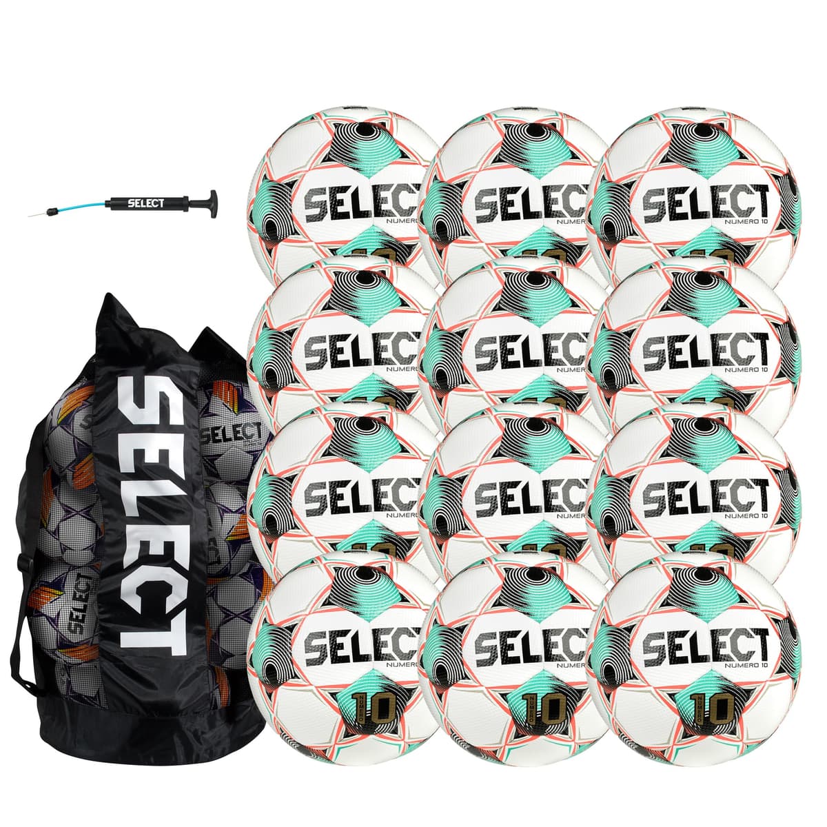 Select Numero 10 Balón de fútbol, paquete de 12 con bolsa y bomba de mano, Blanco/Teal/Coral V25, Talla 5