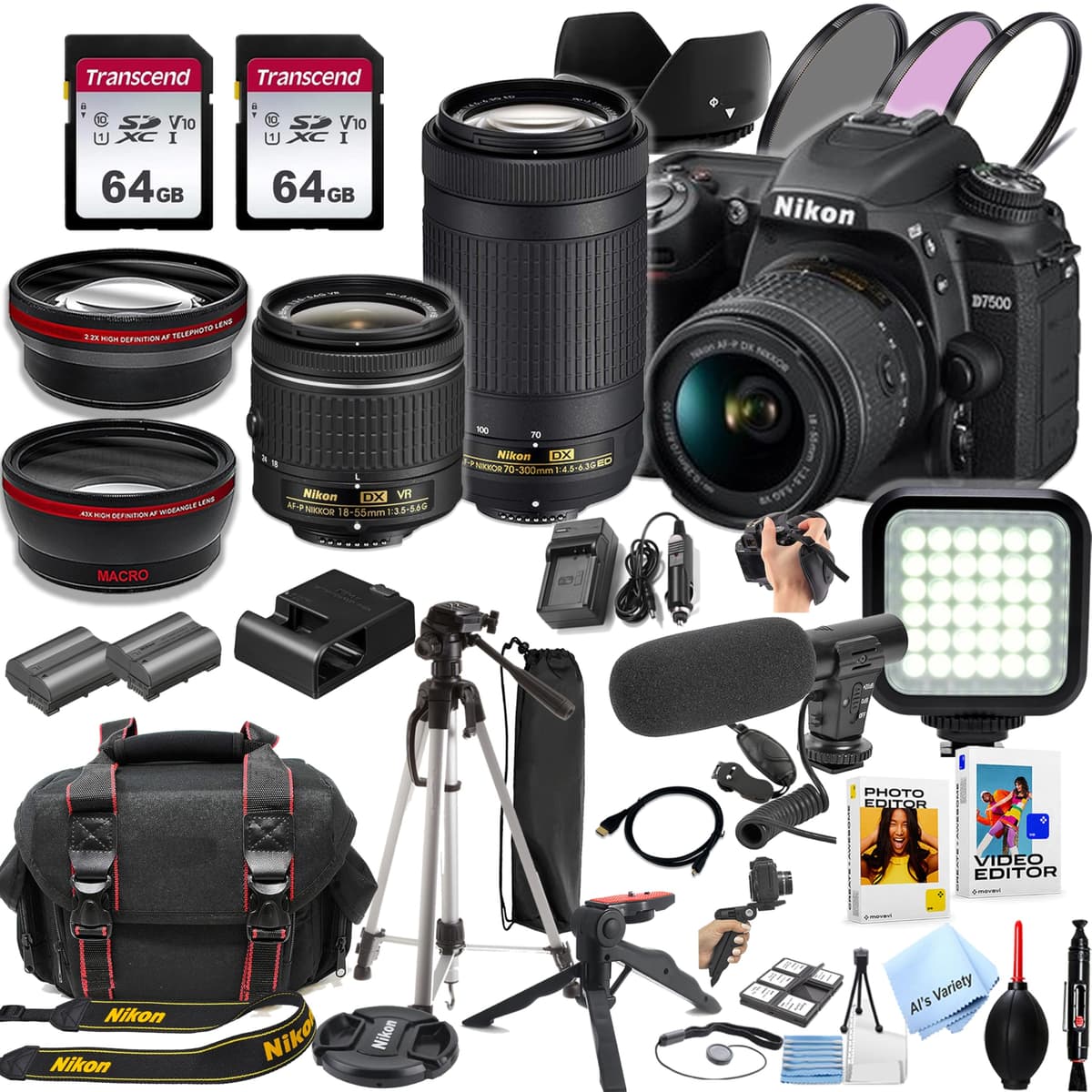 Kit Nikon D7500 DSLR con lentes 18-55mm y 70-300mm y 128GB SD AV-D7500-185570300-805VCK-cr