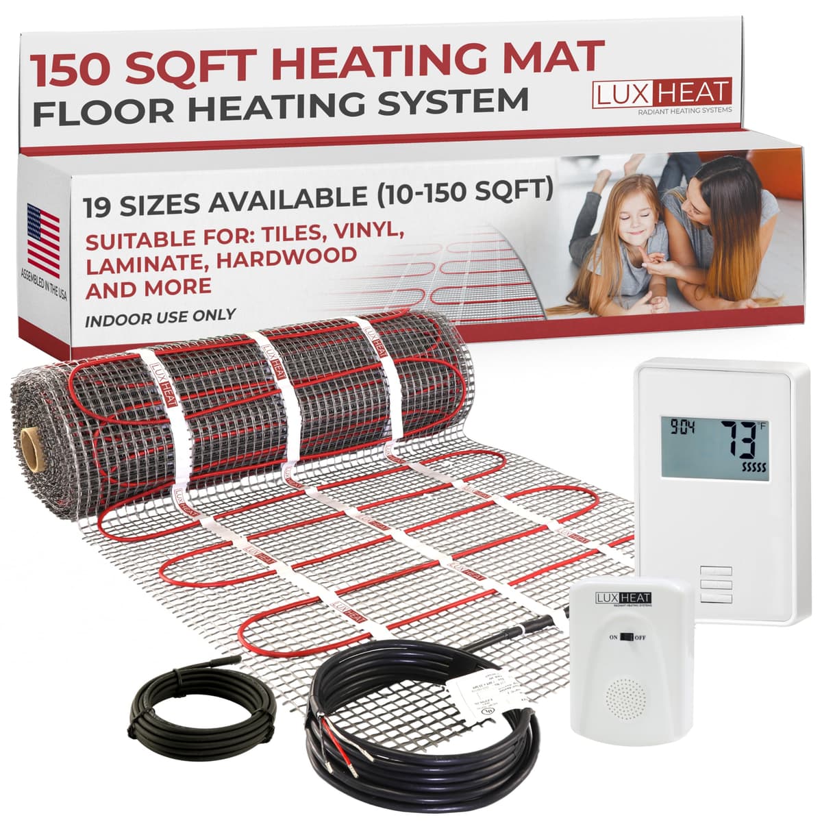 LuxHeat Kit de Alfombra de Calefacción para Piso 150sqft - 120V con Termostato UTN4 y GFCI L1-H1-MC3-120-1800