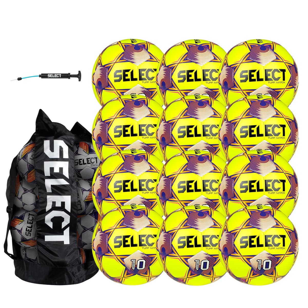 Select Numero 10 Turf Match Balón de fútbol, paquete de 12 con bolsa y bomba de mano, Amarillo/Naranja/Púrpura V25, Talla 5 N10TurfMatch