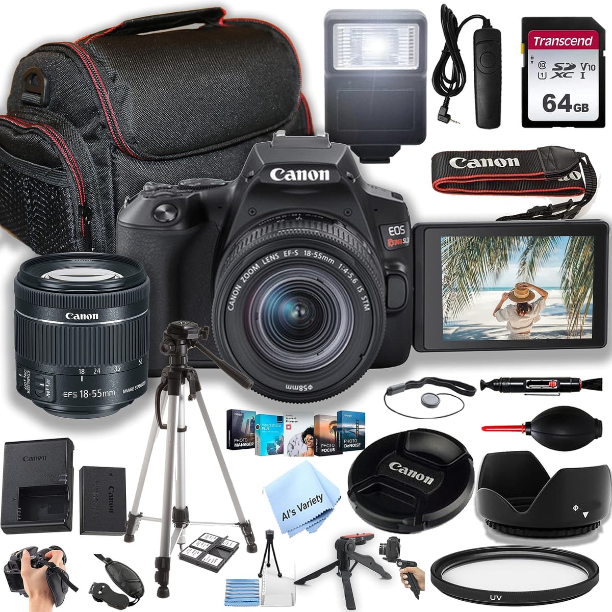 Cámara DSLR Canon EOS Rebel SL3 con lente zoom EF-S 18-55mm f/4-5.6 STM + memoria de 64GB, funda, trípode, flash, control remoto y más (paquete de 32 piezas) (reacondicionada) CN-SL3-1855-08723-cr