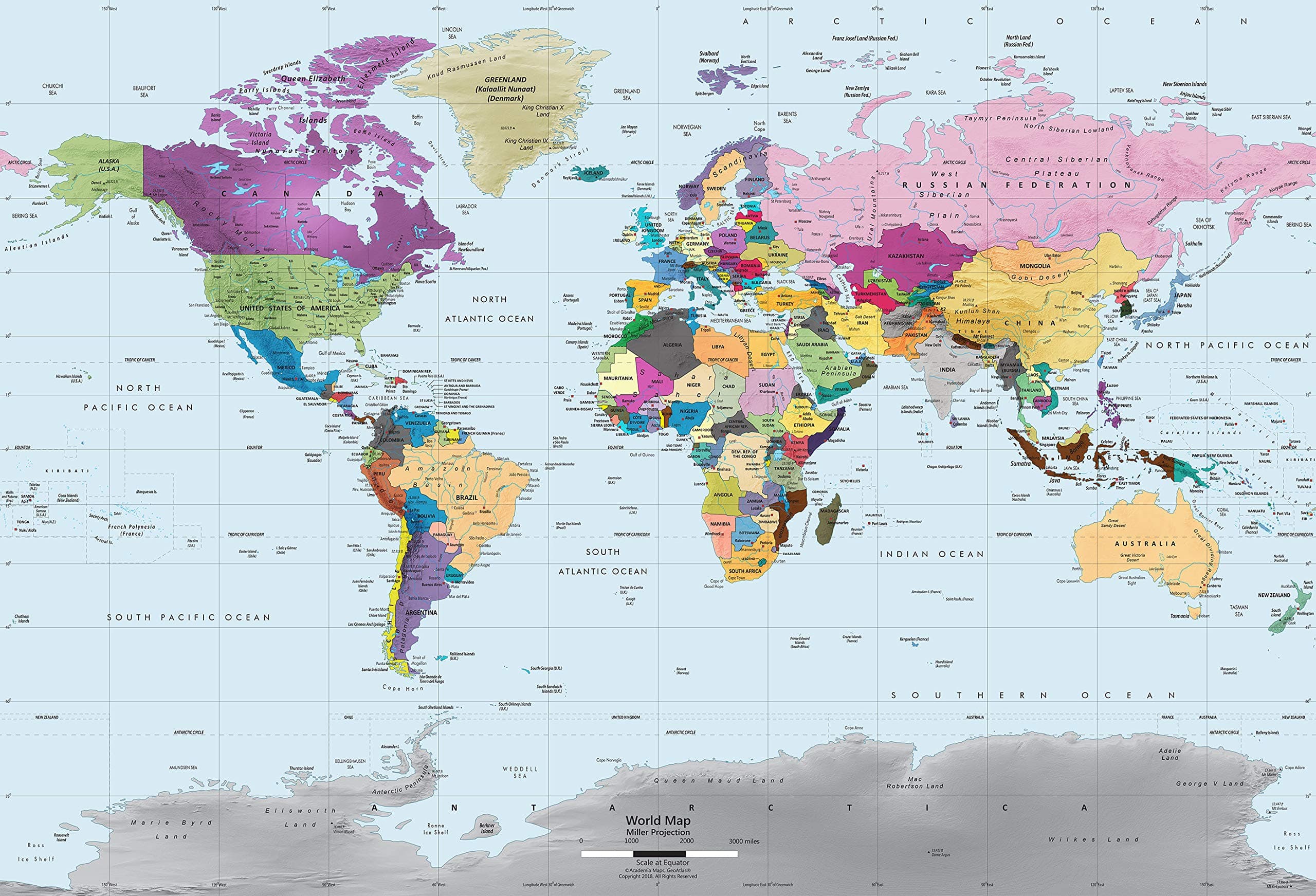 Academia Maps Mural Mapa Mundial Colorido 166x112 in - Pegatina de Pared Autoadhesiva 1W-WO1-4-8X