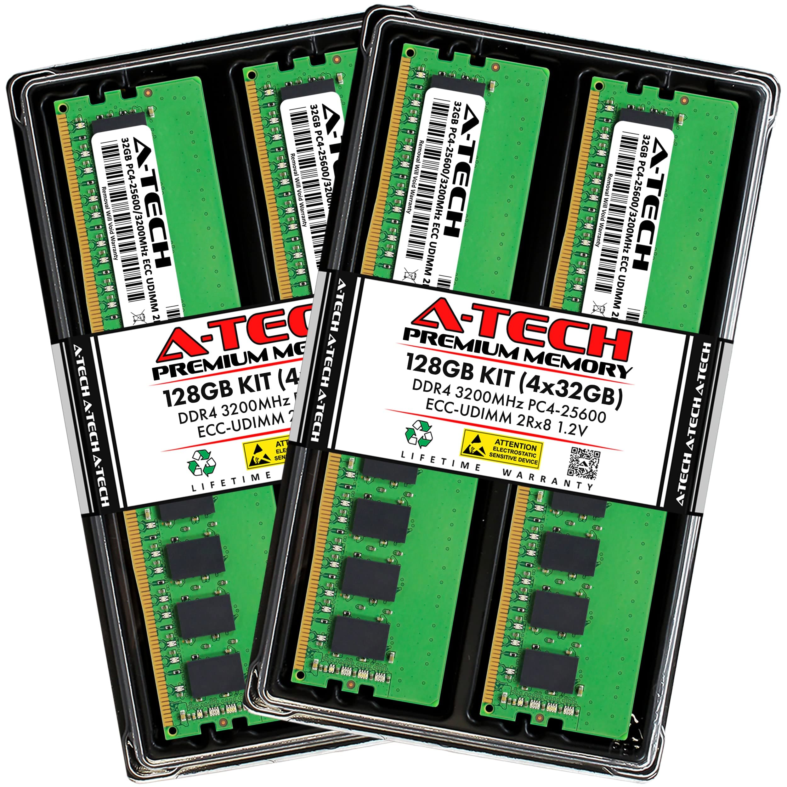A-Tech Server 128GB Kit (4x32GB) DDR4 3200MHz PC4-25600 ECC UDIMM 2Rx8 Dual Rank 1.2V 288-Pin RAM AT32G4D4D3200ED8N12V