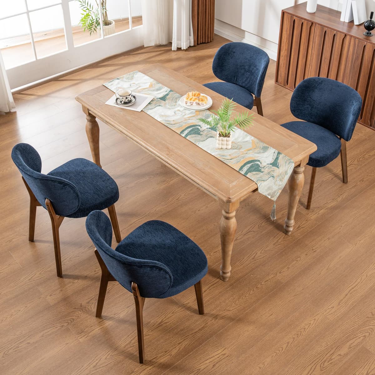 YOUNIKE Set de 4 Sillas de Comedor Mid Century en Tela Bouclé, Asiento 20" con Patas de Madera, Azul Marino