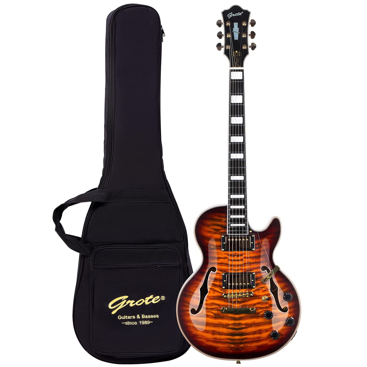 Grote LPF-001 Guitarra eléctrica semi-hueca con doble impresión de arce, split de bobinas y funda - Vintage Sunburst