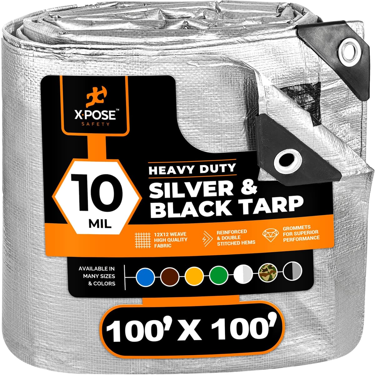 Xpose Safety STH-100100-X - Lona impermeable pesada 100' x 100', 10 mil, reversible plata/negro