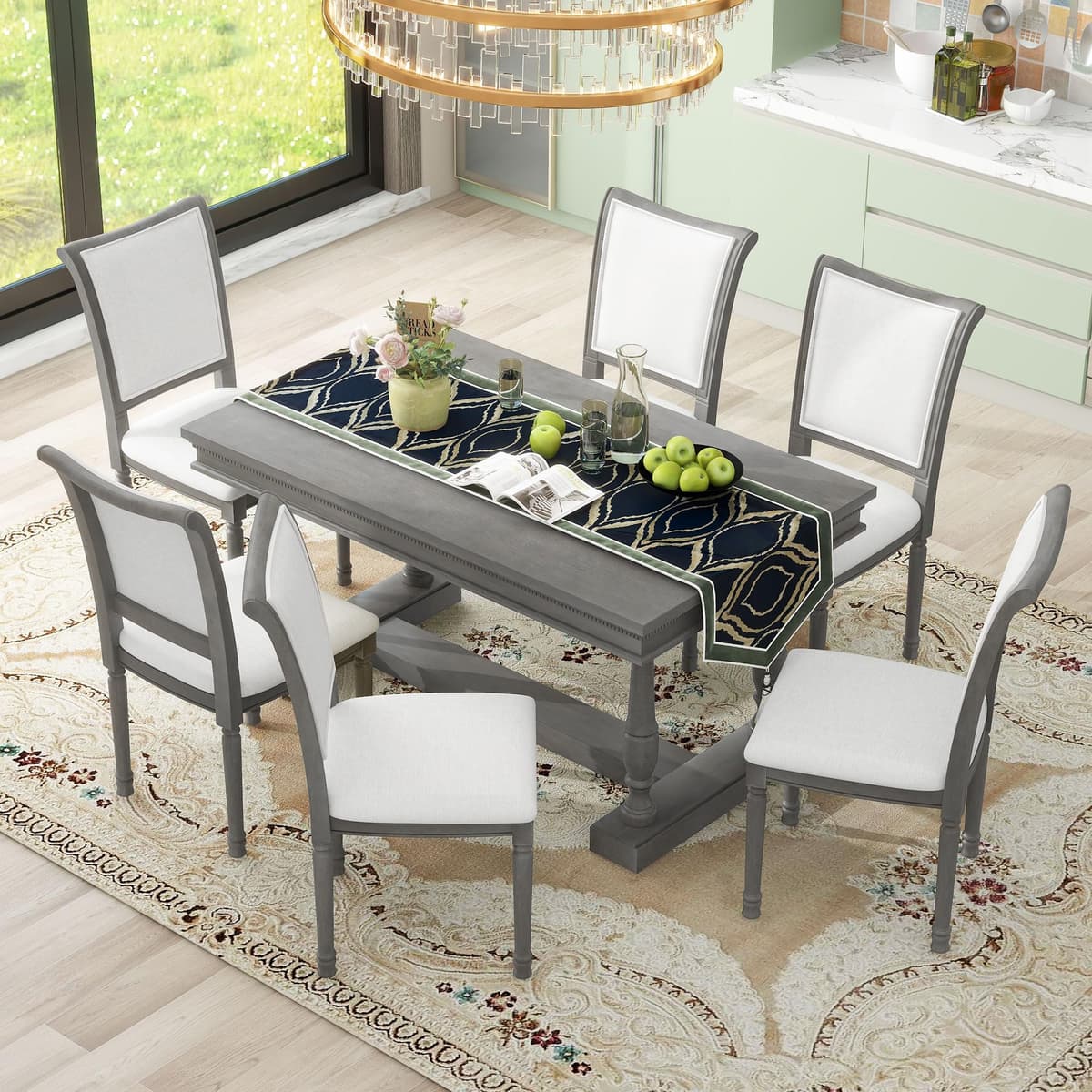 RUNWON Juego de comedor de 7 piezas con 4 bases tipo caballete y 6 sillas tapizadas con respaldo ligeramente curvo y ergonómico para cocina, gris Dining Table Set