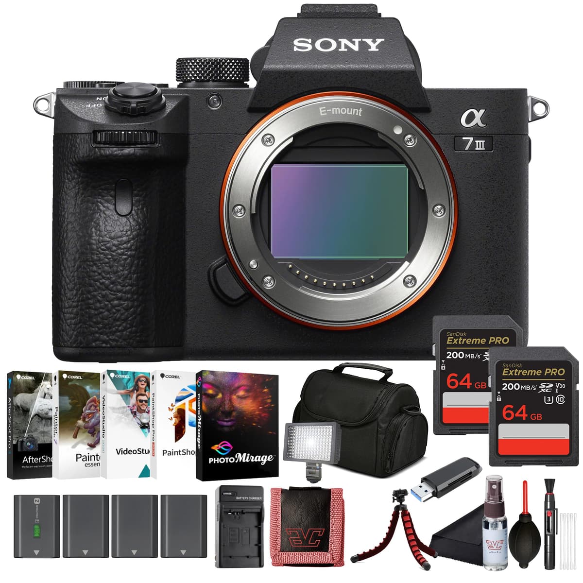 Sony α7 III Cuerpo de cámara sin espejo Full-Frame (ILCE-7M3/B) - Sensor BSI de 24.2 MP, Video 4K HDR | 2 x tarjeta de memoria de 64GB, 3 x batería NP-FZ-100, estuche, cargador externo y más ILCE7M3/B_AV3