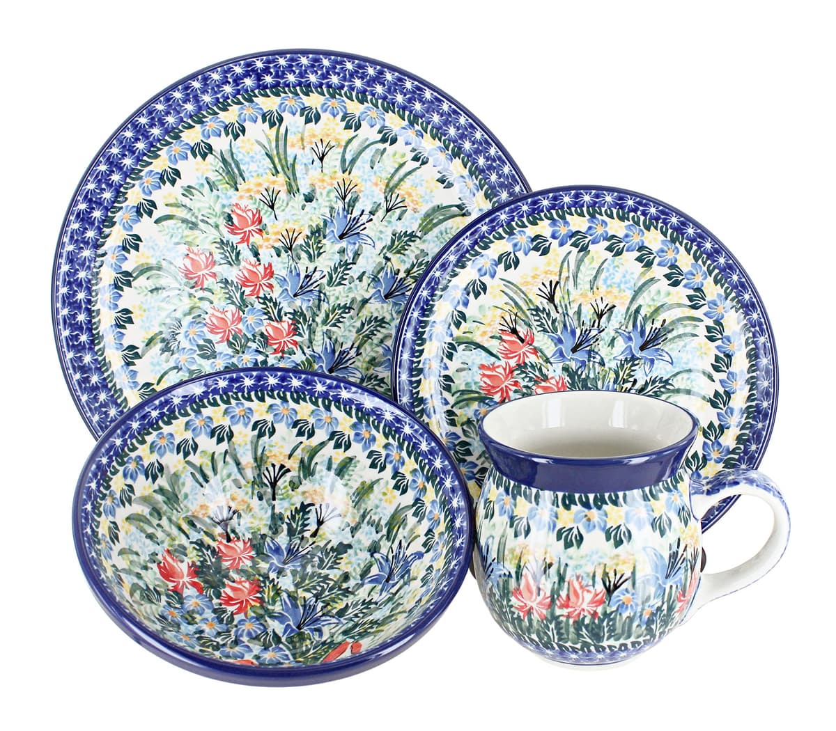 Blue Rose Polish Pottery Juego de Cena 16 Piezas Day Lily Bouquet, 4 Servicios, Cerámica Hecha a Mano 1000-U2940-4
