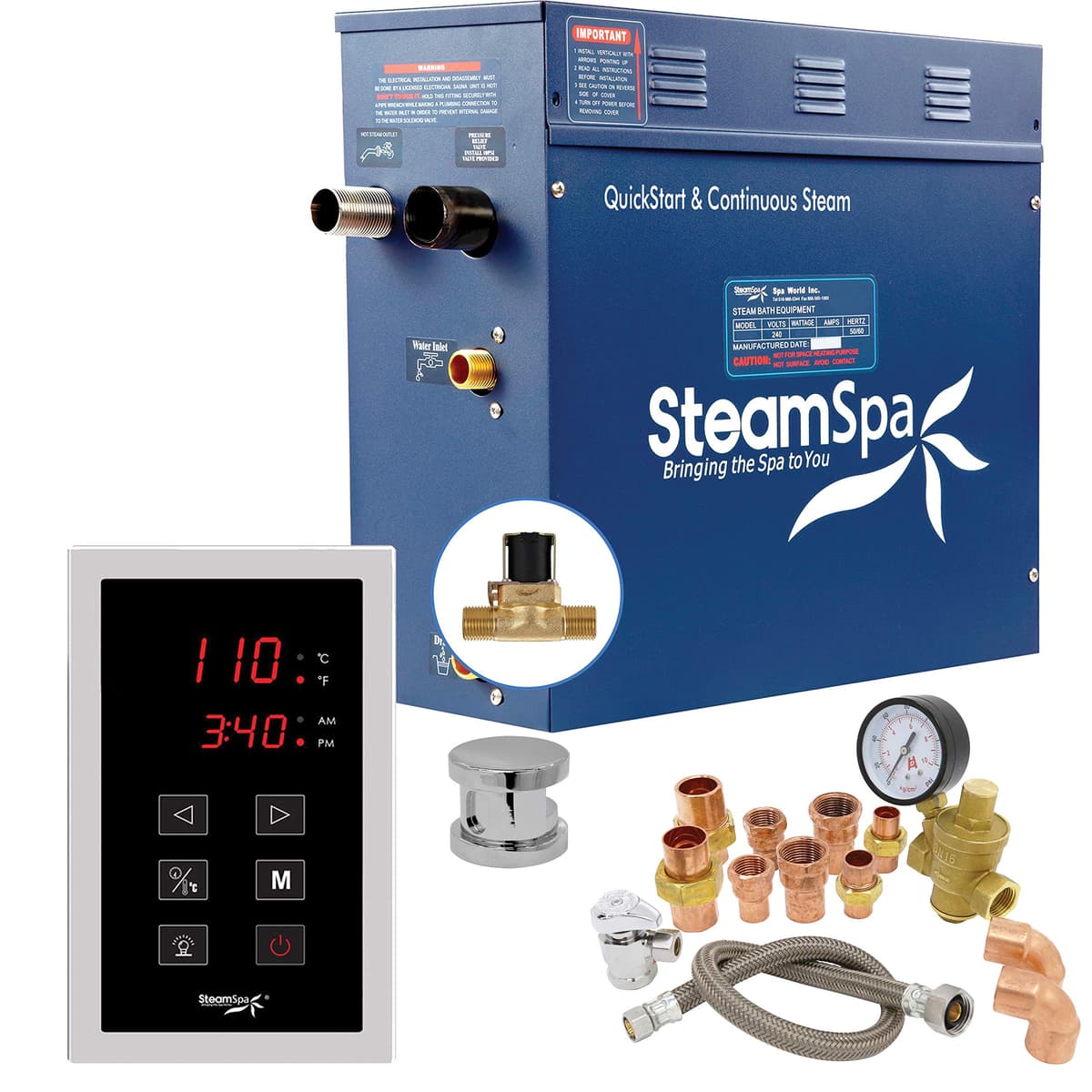 SteamSpa 4.5KW Generador de Vapor para Sauna Paquete Premium 240V Generador de Vapor con Control con Pantalla Táctil, Cabezas de Vapor, Válvula de Alivio de Presión, Drenaje Automático Integrado y Kit de Instalación Rápida para Plomero PRT450CH-A