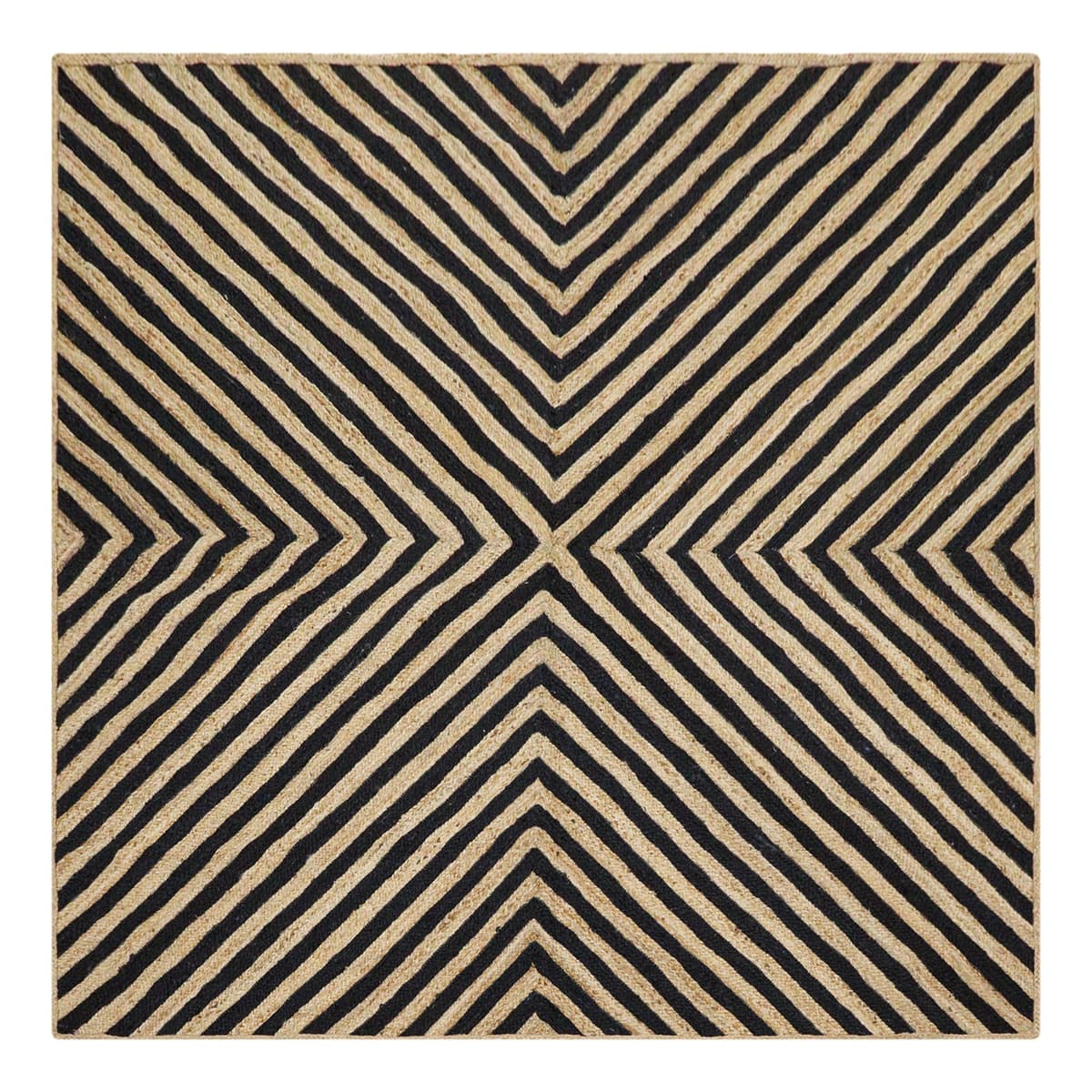 CASAVANI Kilim Alfombra Cuadrada 12' Flatweave de Jute Natural - Boho Beige y Negro (Hecha a Mano)