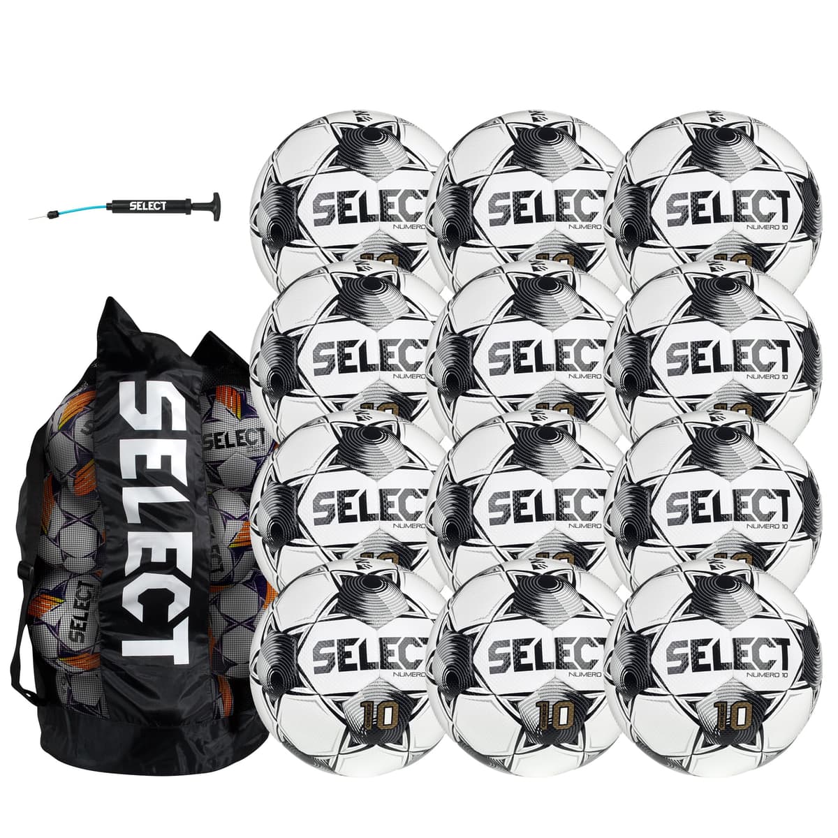 Select Numero 10 Balón de fútbol, paquete de 12 con bolsa y bomba de mano, Blanco/Negro V25, Talla 5
