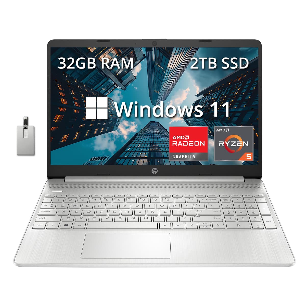 HP 15.6" FHD - Ryzen 5-5500U, 32GB RAM, 2TB PCIe SSD, Windows 11, Plata, con 32GB USB