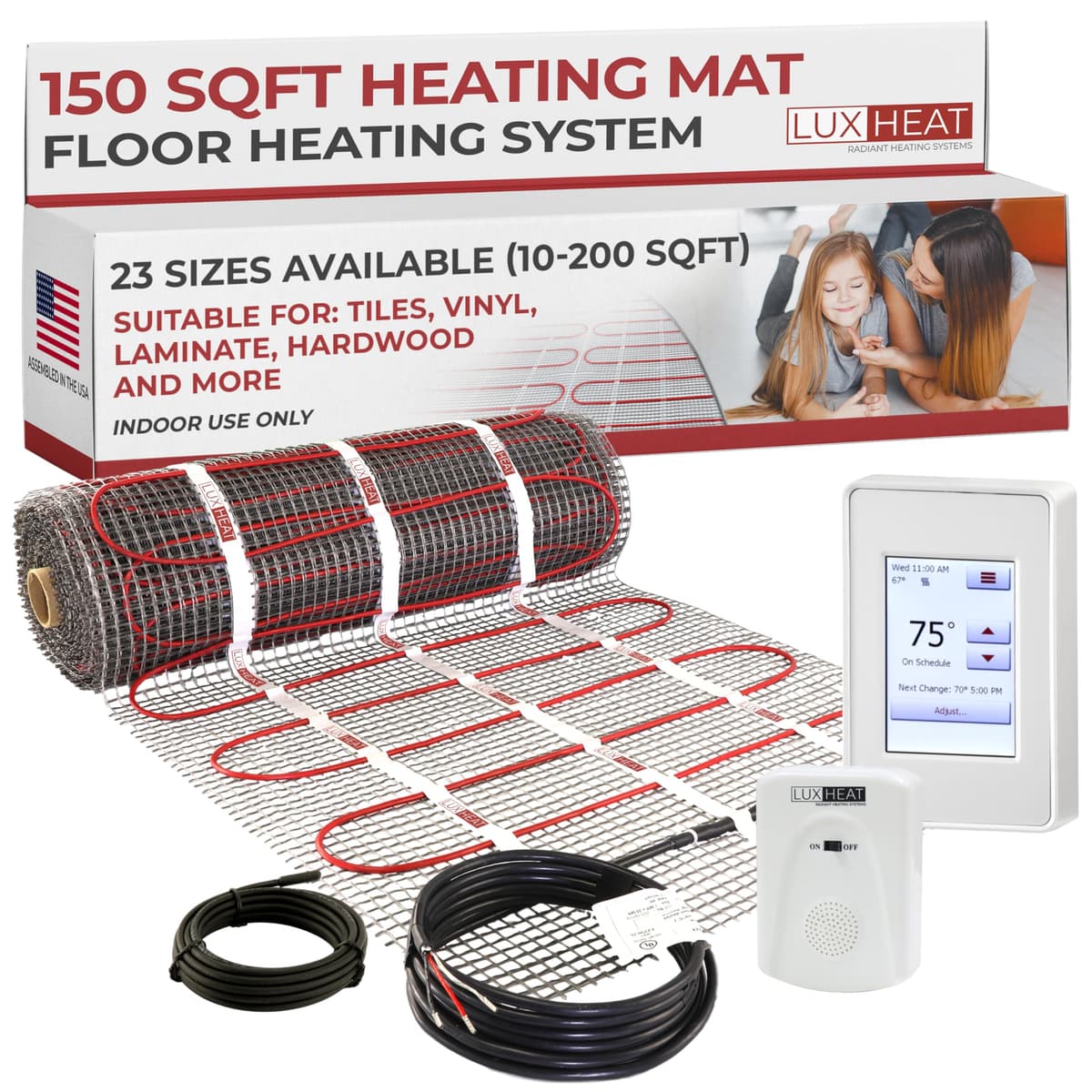 LuxHeat kit de calefacción radiante para piso 150 sqft - Mat eléctrico 120V con termostato UDG4 y GFCI