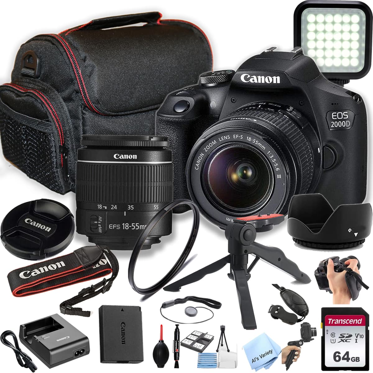 Cámara DSLR Canon EOS 2000D / Rebel T7 con objetivo EF-S 18-55 mm f/3.5-5.6 + memoria de 64 GB, luz LED para video, estuche, trípode Gripster y más (Paquete esencial) (Reacondicionado) AV-2000d-1855-081124-cr