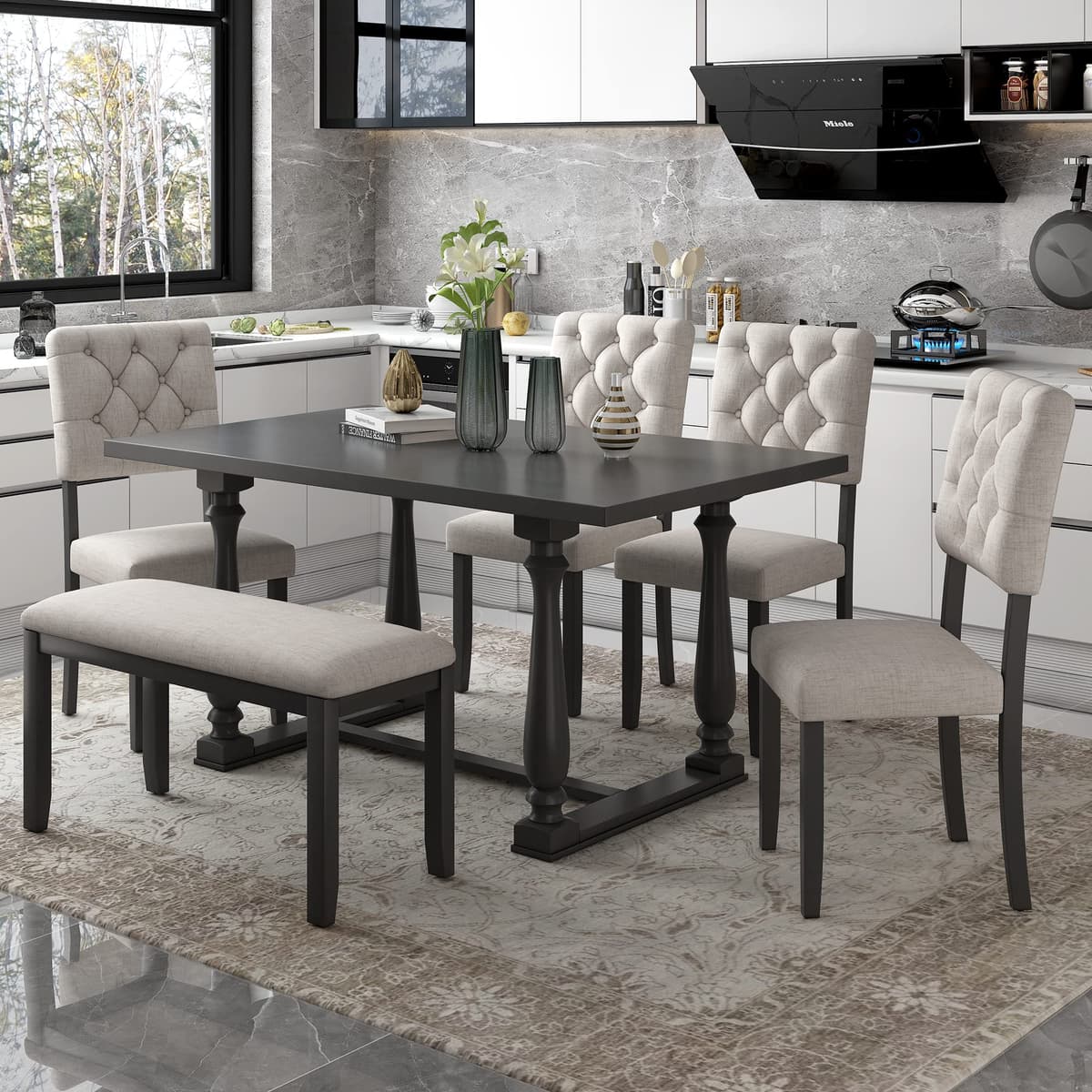 RUNWON Juego de comedor 5 piezas (mesa, 4 sillas y banco) estilo retro gris-beige, asiento acolchado Dining Table Set