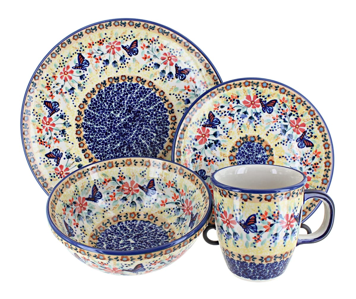 Blue Rose Pottery Juego de Cena 16 Piezas Mariposa Amarilla Azul 4 Puestos 1000-WK73-4