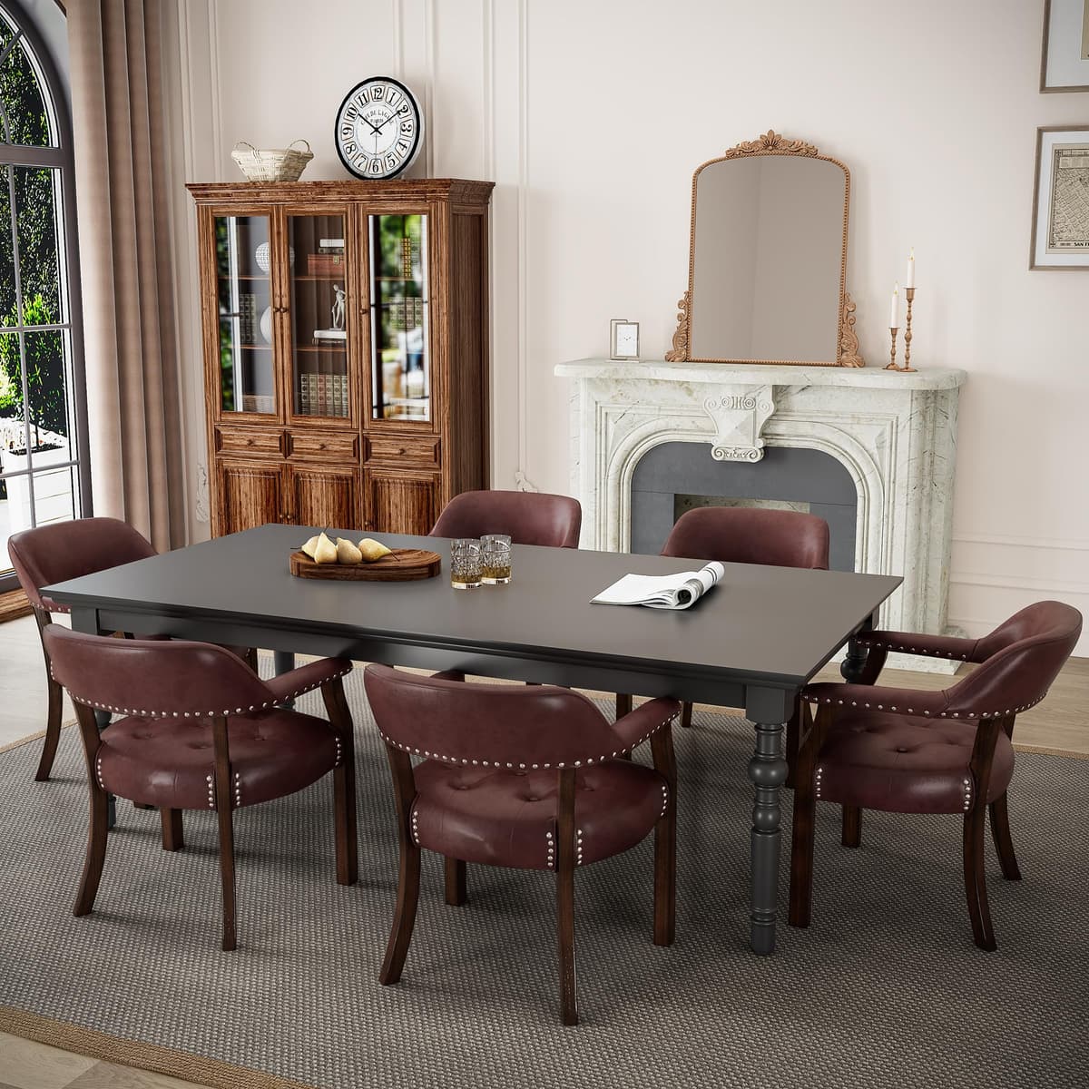 Silla comedor MODERION con brazos y tapizado PU set x6, patas marrón y asiento wine red NX173-318WR CY-NX173-318WR