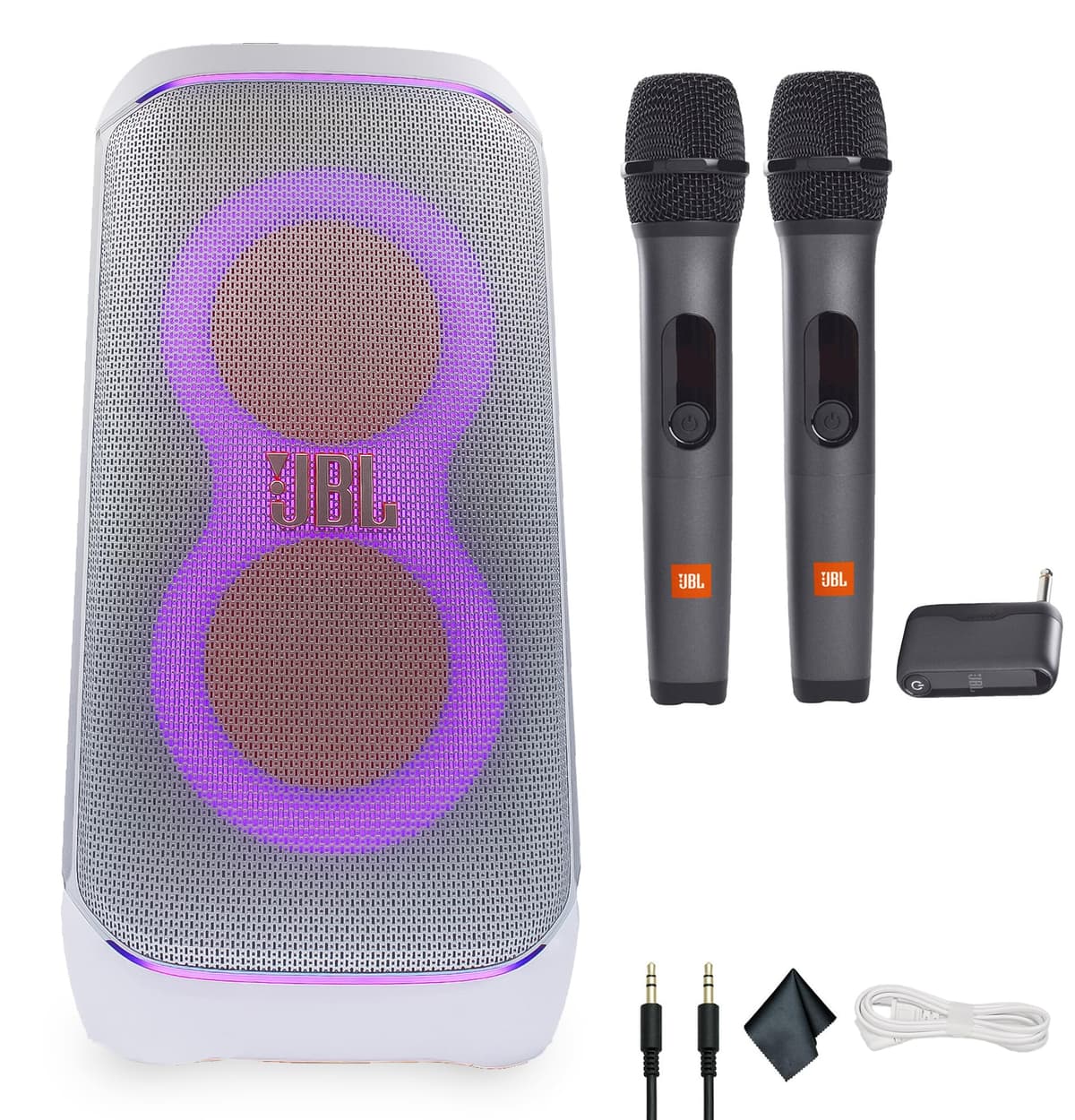 JBL PartyBox Club 120 (Blanco) - Parlante Portátil Inalámbrico Resistente a Salpicaduras de 160W - 12 Horas de Reproducción + Sistema Inalámbrico de Dos Micrófonos con Receptor + Cable AUX + Paño de Microfibra JBLPARTYBOX120WH_EDI_3