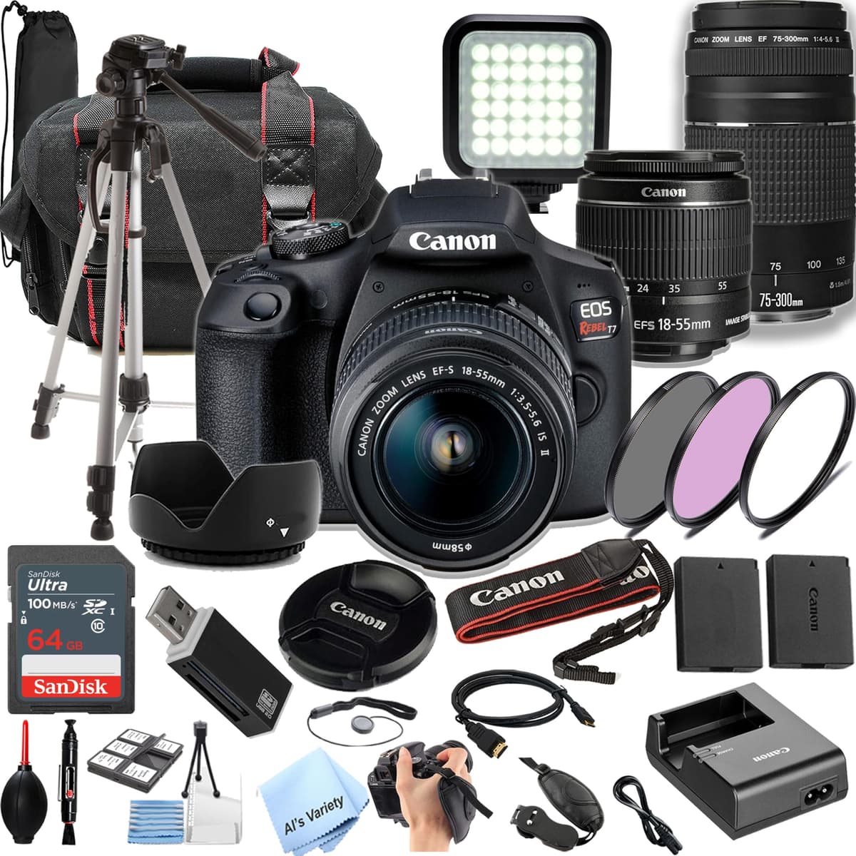 Cámara DSLR Canon EOS Rebel T7 | Kit de 2 lentes con EF 18-55mm + EF 75-300mm + Memoria de 64 GB, Luz LED para Video, Estuche, Trípode, Filtros, Empuñadura y Más (Paquete de 32 Piezas) (Reacondicionada) AV-T7-185575300-09262024-cr