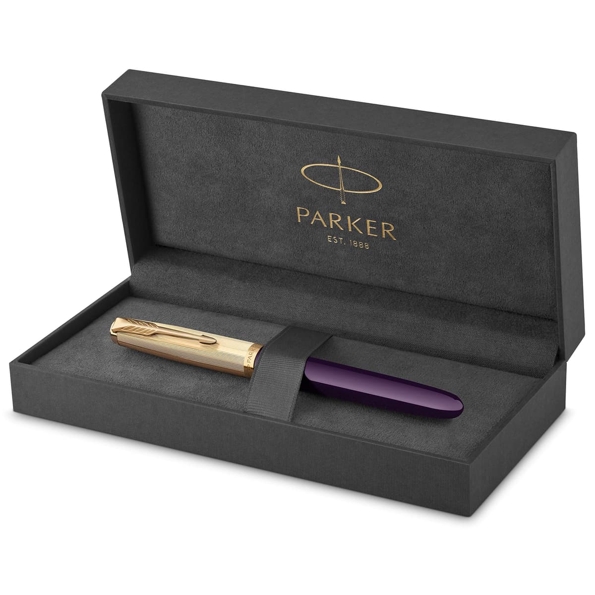 Parker 51 Deluxe Pluma Fuente Barril Plum con Atributos Dorados y Plumilla Mediana de Oro 18K, Incluye Cartucho de Tinta Negra 2123517