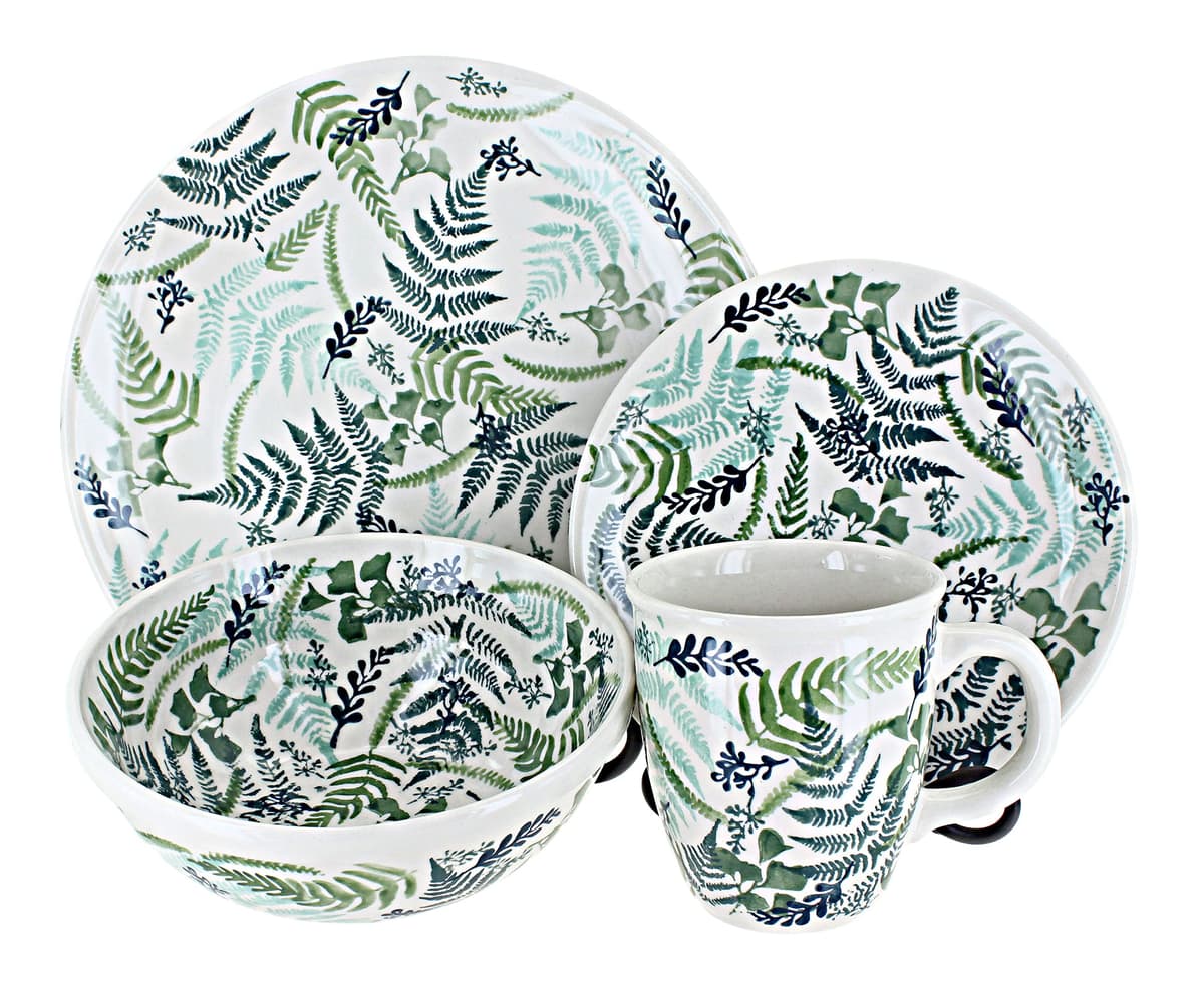 Blue Rose Polish Pottery Green Woodland Fern - Set de 16 Piezas (4 Servicios) 1000-GZ39-4