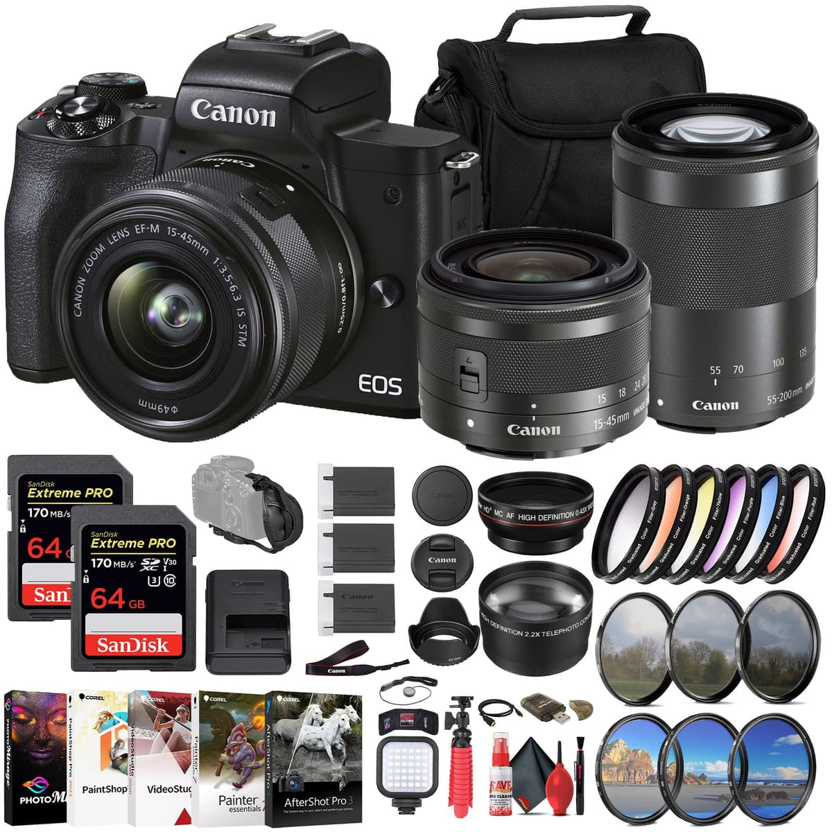 Canon EOS M50 Mark II kit con 15-45mm y 55-200mm + accesorios (reacondicionado) 4728C014_EDI_3-RE