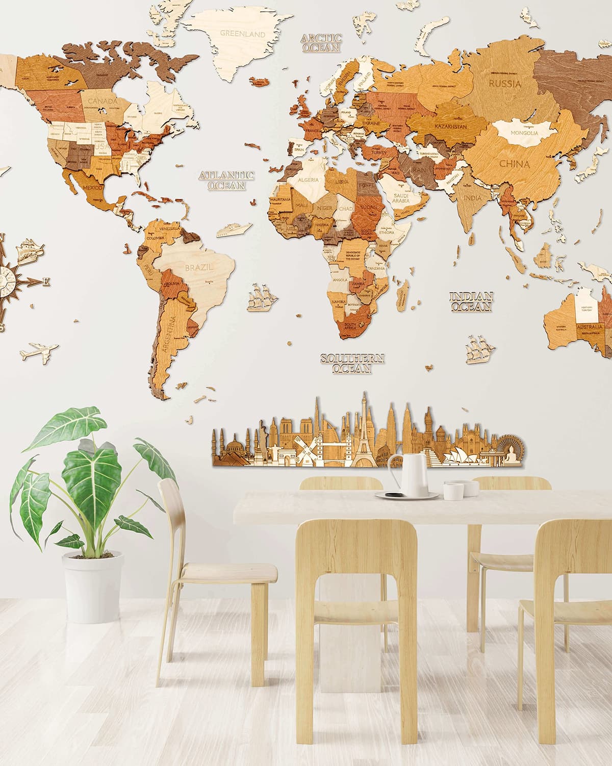 68travel Wooden World mapa 3D de pared en madera multicapas, multicolor, grabado (L150 Explorer 150x100cm)