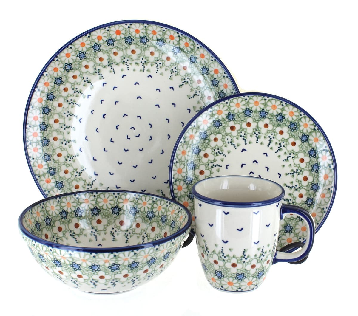 Blue Rose Polish Pottery - Juego de vajilla Green Daisy 16 piezas (4 servicios) 1000-LZ-4