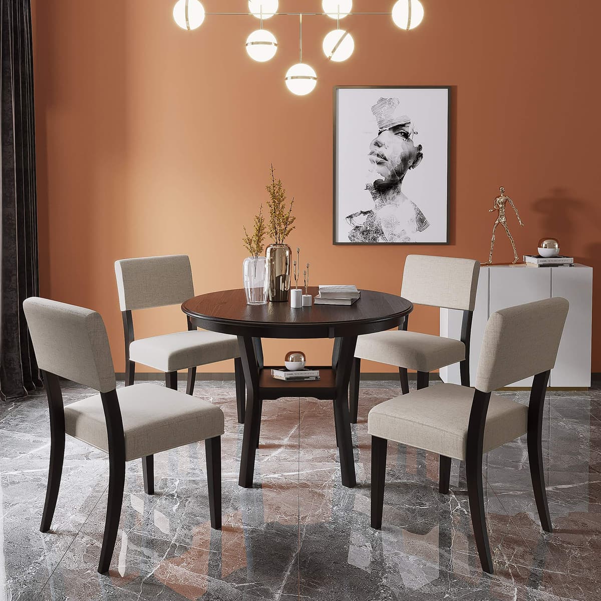 RUNWON Juego de comedor moderno 5 piezas con mesa redonda y 4 sillas tapizadas (Espresso) Dining Table Set