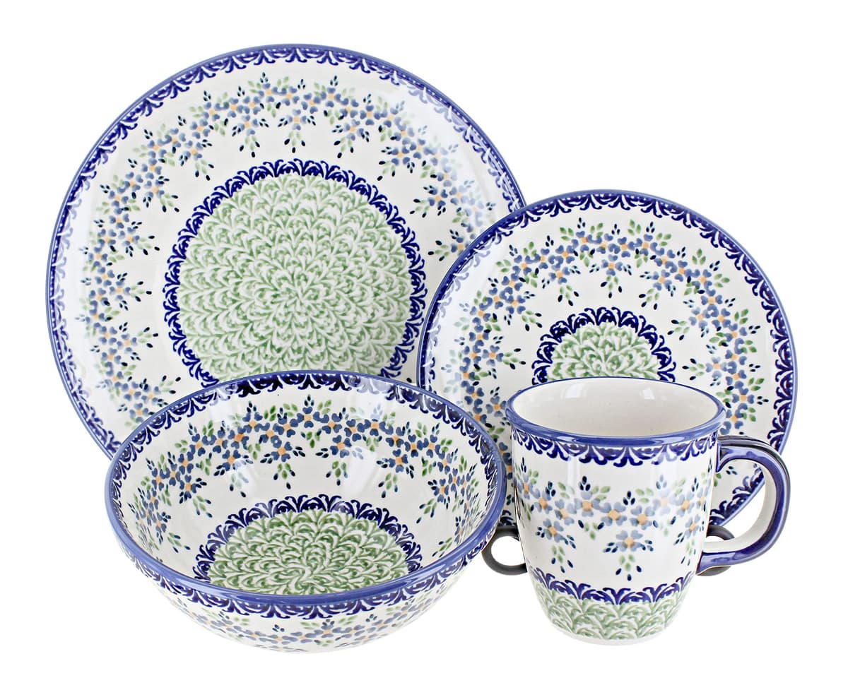 Blue Rose Polish Pottery Juego de vajilla 16 piezas Green Summer Vine - 4 puestos 1000-P316-4