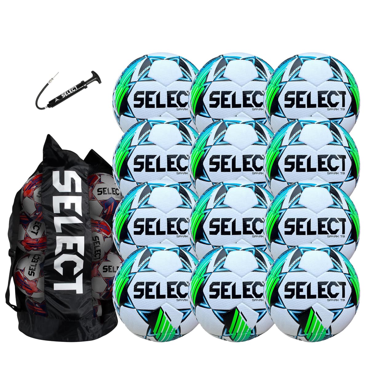 Balón Select Spark TB - Paquete de 12 con bolso y bomba, Blanco/Azul/Verde V24, Talla 5