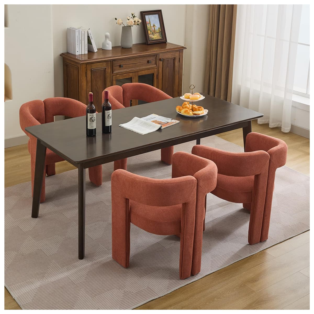 adochr Set 4 sillas de comedor barrel modernas adoсhr - Tapizadas en lino naranja con patas de madera