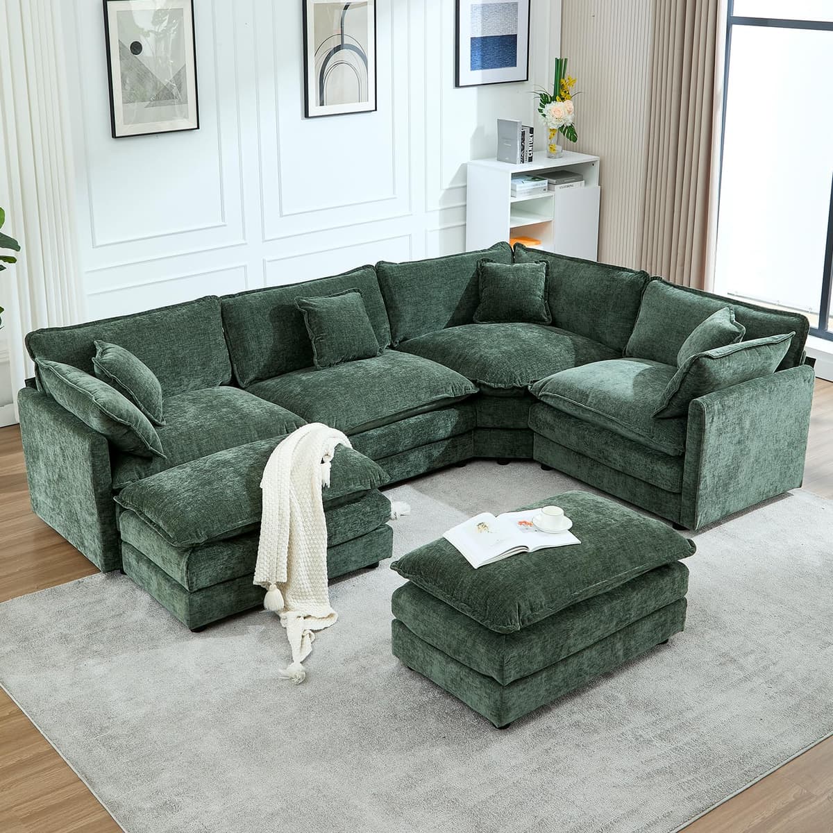 VEPXXP Sofá Seccional Modular en Forma de U, Sofá Esquinero Sobredimensionado de Chenilla Sofá Nube Cómodo con Chaise Otomana, Sofás Seccionales Modernos de Lujo Profundos para 6 Personas para Sala Espaciosa, Verde