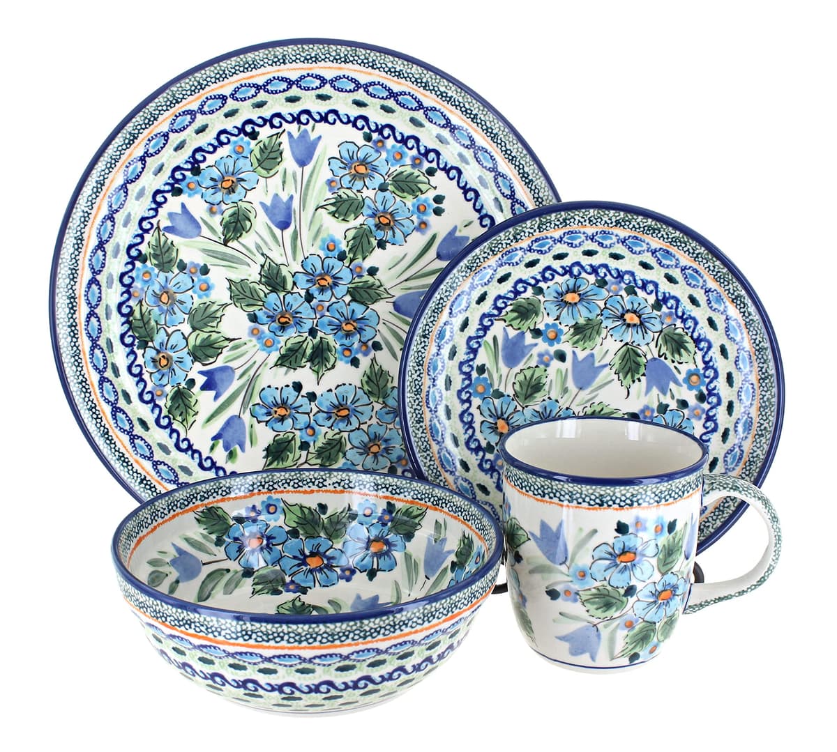 Blue Rose Polish Pottery - Blue Ballina Juego de Cena 16 Piezas (4 puestos) 1000-Art165-4