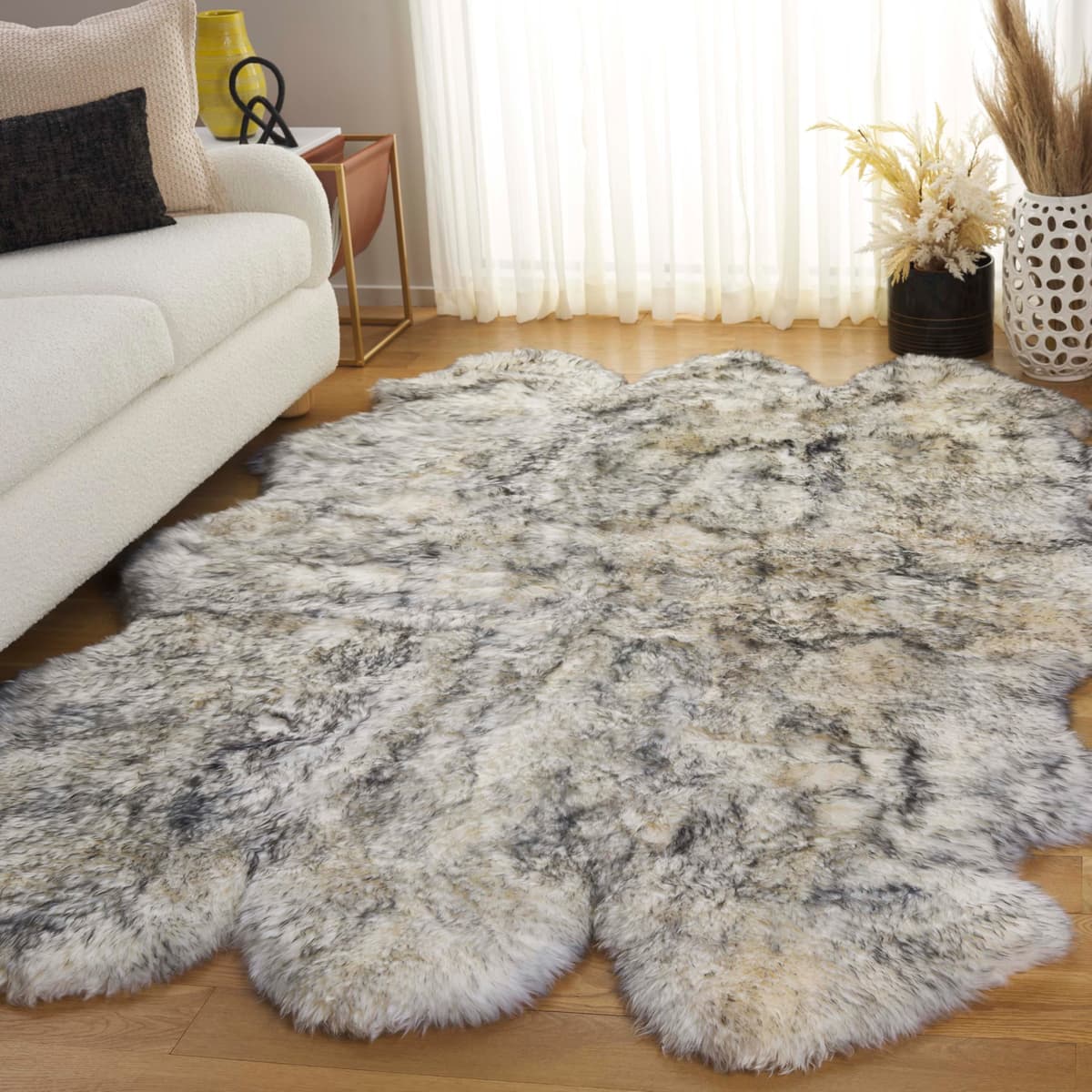 SAFAVIEH Alfombra de piel de oveja auténtica Ivory/Smoke Grey 5'5" x 7'7" hecha a mano SHS121E-5