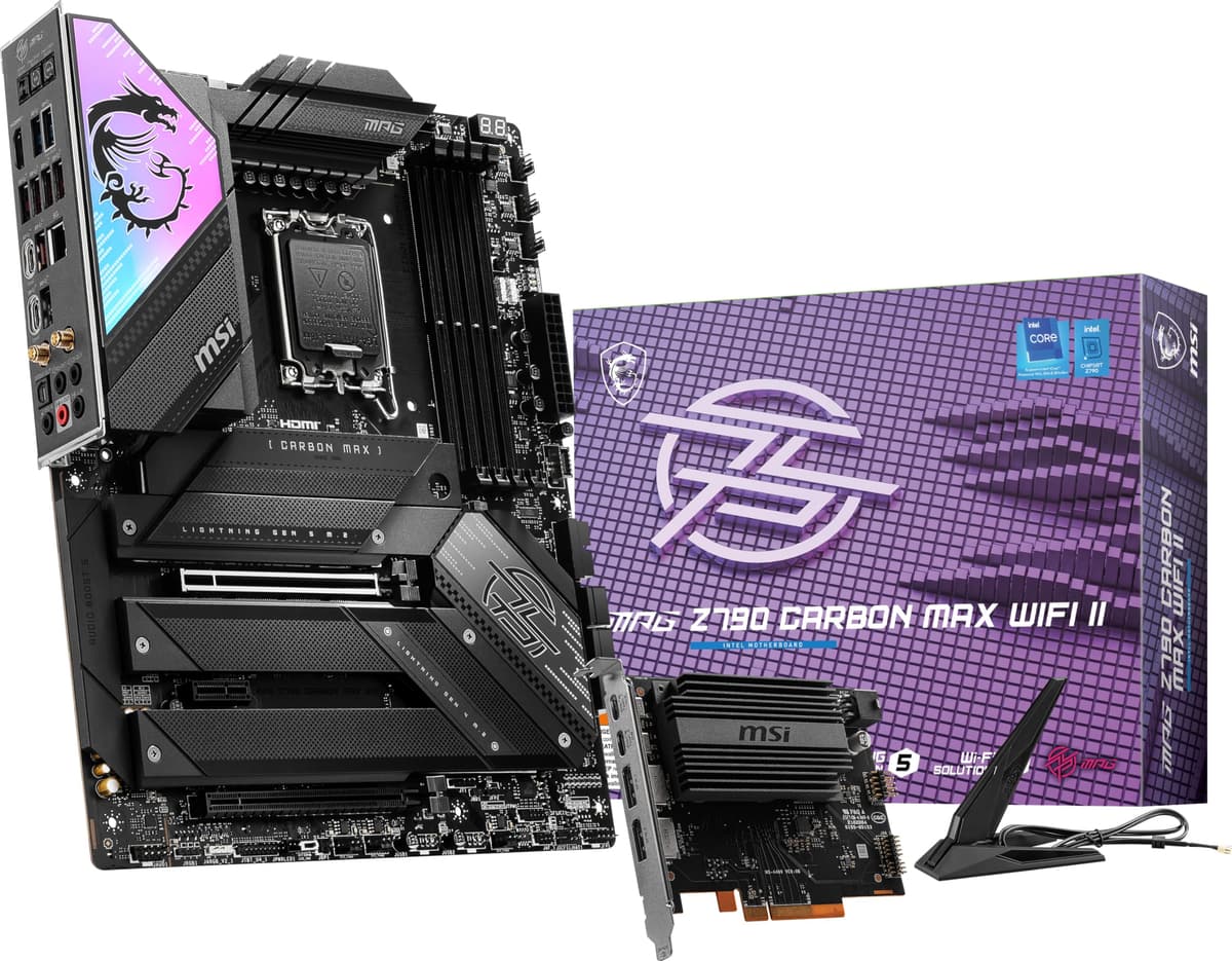 Placa madre MSI MPG Z790 Carbon MAX WiFi II para gaming (compatible con procesadores Intel de 12.ª/13.ª/14.ª generación, LGA 1700, DDR5, PCIe 5.0, M.2, LAN 2.5 Gbps, USB 4, Wi-Fi 7, ATX)