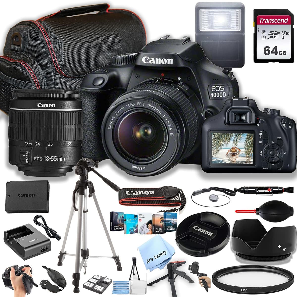 Cámara DSLR Canon EOS 4000D / Rebel T100 con objetivo EF-S 18-55 mm f/3.5-5.6 + tarjeta de 64 GB, estuche, trípode, flash y más (paquete de 31 piezas) (reacondicionado) CN-4000D-1855-81423-cr