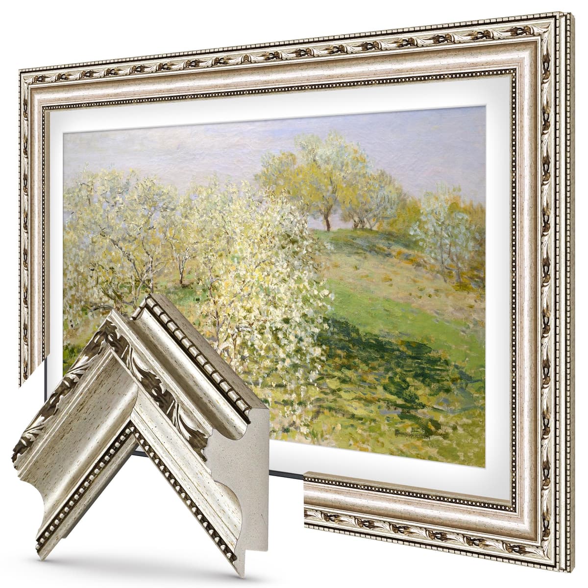 Marco de TV Deco de estreno ornamentado en plata de 75" - Compatible SOLO con Samsung The Frame y Pro TVs (Compatible con 2021-2025, LS03A, LS03B, LS03C, LS03D, LS03FA, LS03FW)