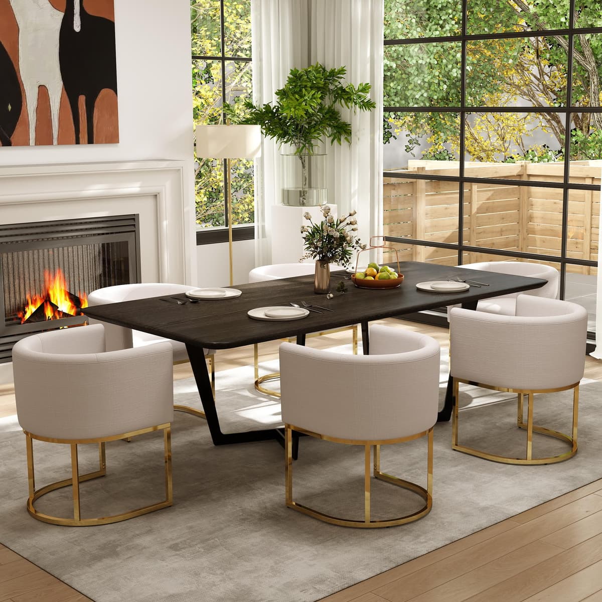 RIVOVA juego de 6 sillas comedor crema estilo mid-century con patas doradas y tapiz de lino RIVOVA-CHARLES