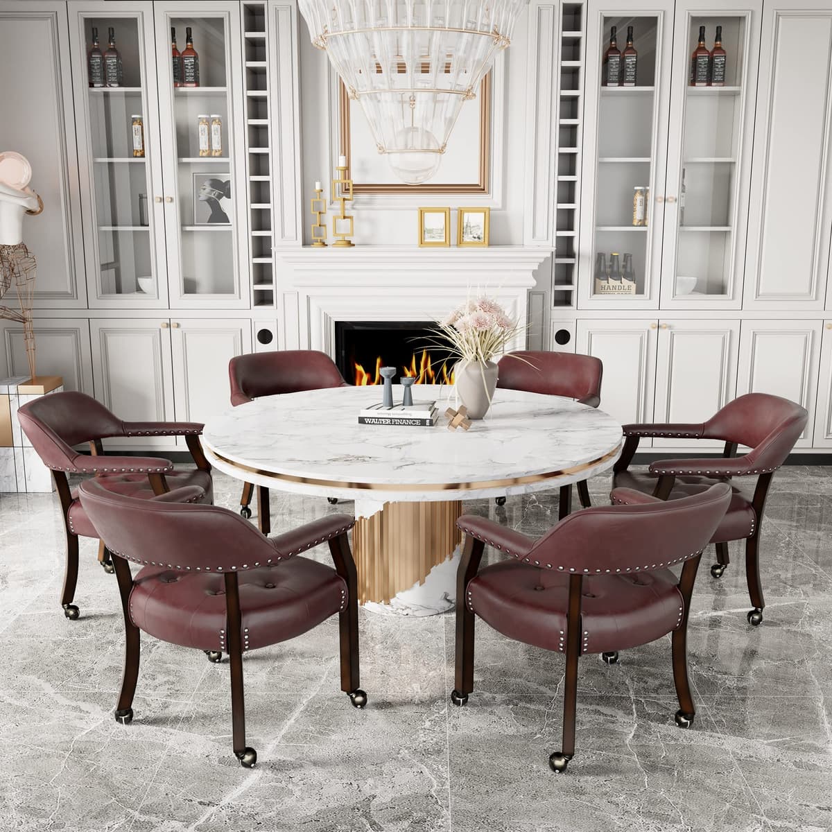 MODERION Large Dining Chairs with Wheels and Arm Set of 6, Caster Boss Captain's Chairs XXY-1910-WR