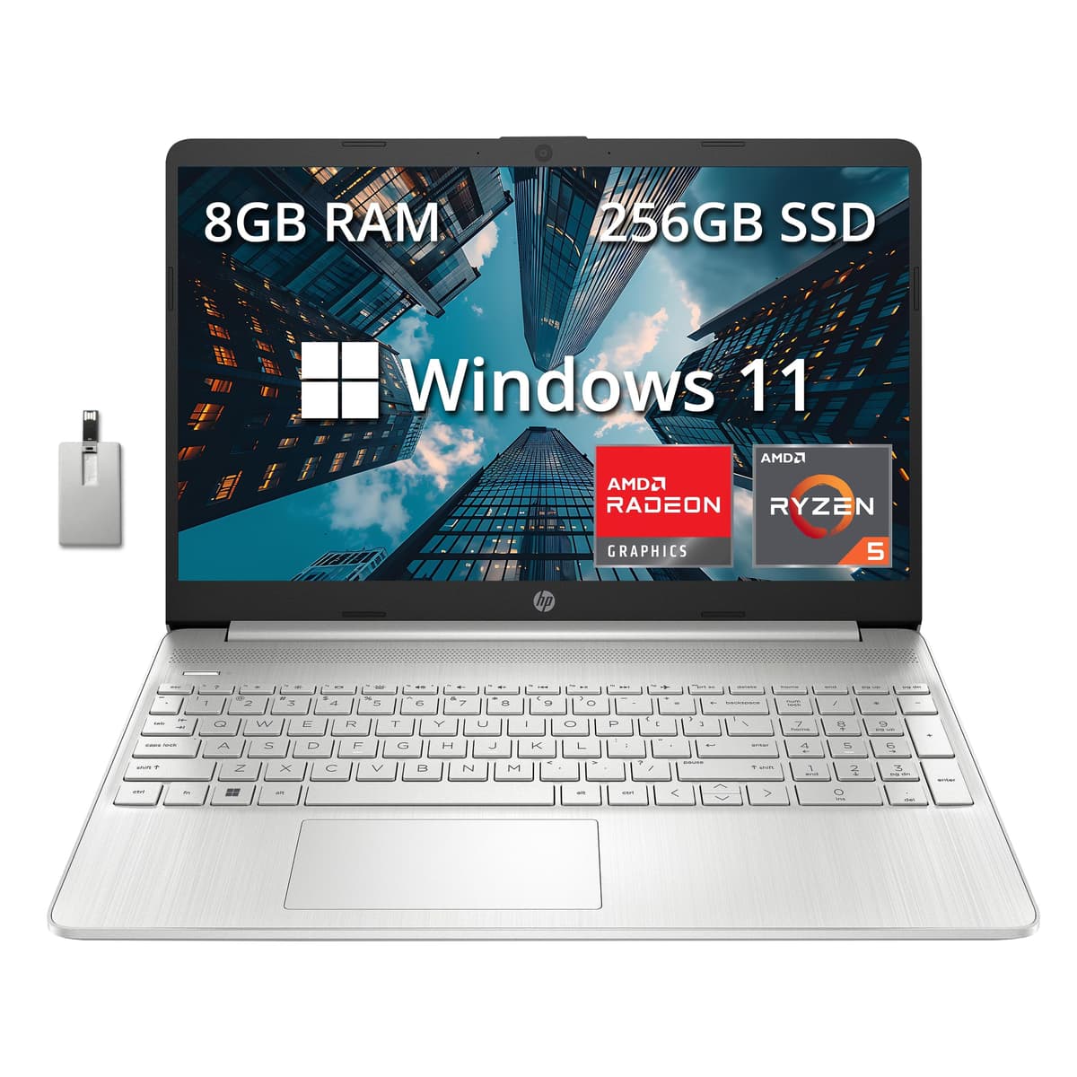 HP Laptop 15.6" FHD, Procesador AMD Ryzen 5-5500U, 8GB RAM, 256GB SSD PCIe, Gráficos AMD Radeon, Teclado Numérico, Webcam HD, Bluetooth, Wi-Fi, Windows 11, Plateado, Tarjeta USB Hotface 32GB