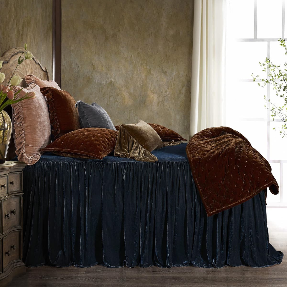 HiEnd Accents Stella Juego de cama King 3 piezas terciopelo sintético Midnight Blue FB6900-KG-MB