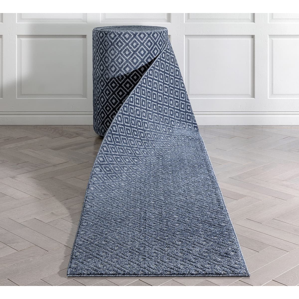 Well Woven Runner a medida Piano Dark Blue Tribal Diamond Geometric 27" x 60' IHS-MG-254-R-60